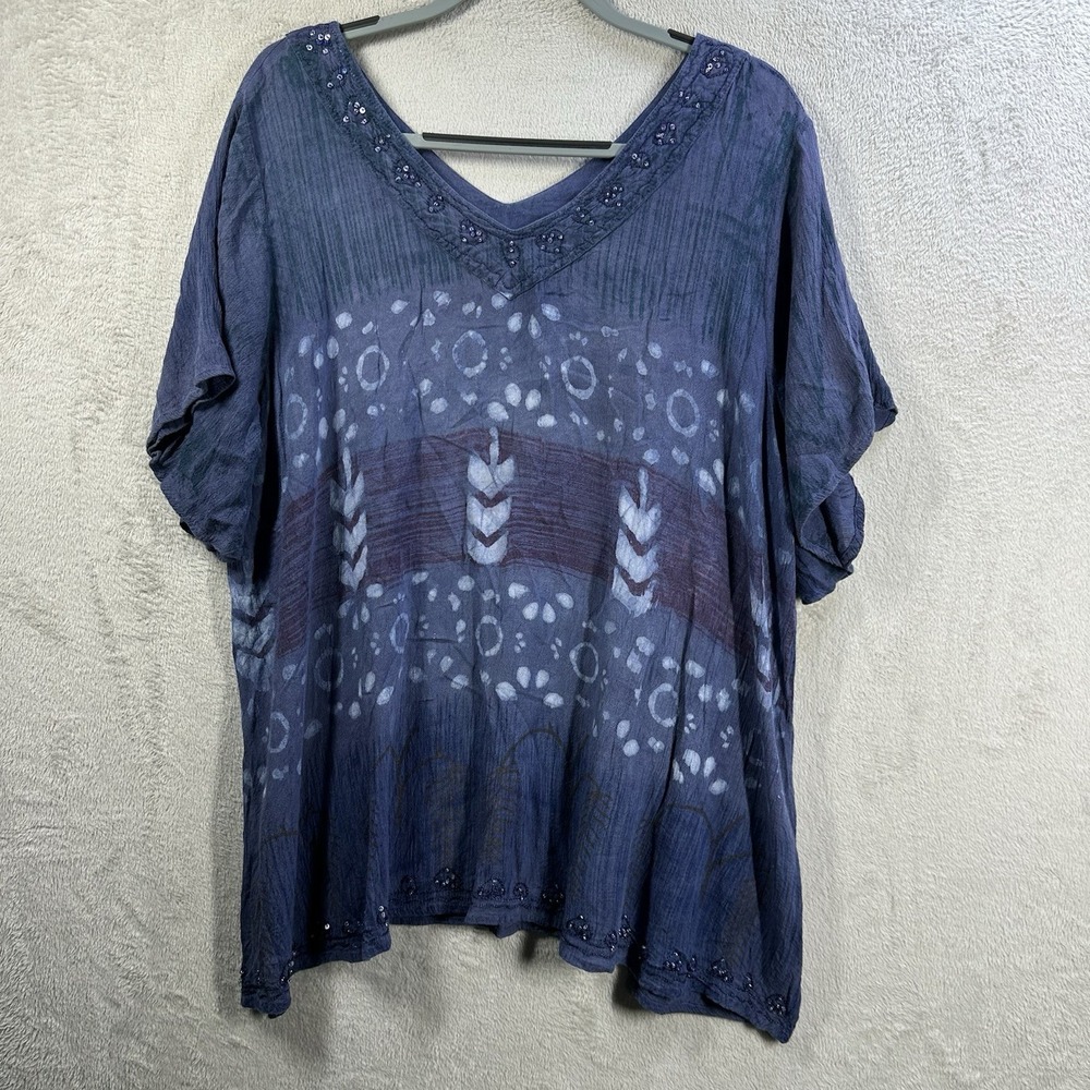 Greater Good Women's 1X Rayon Short Sleeve V-Neck Top Loose Boho Gauzy